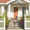 Black garden arbor with gate featuring multiple crossbars, ideal for climbing plants and elegant outdoor decor.