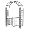 Black garden arbor with gate, featuring elegant flower decorations and reinforced crossbars for climbing plants and.