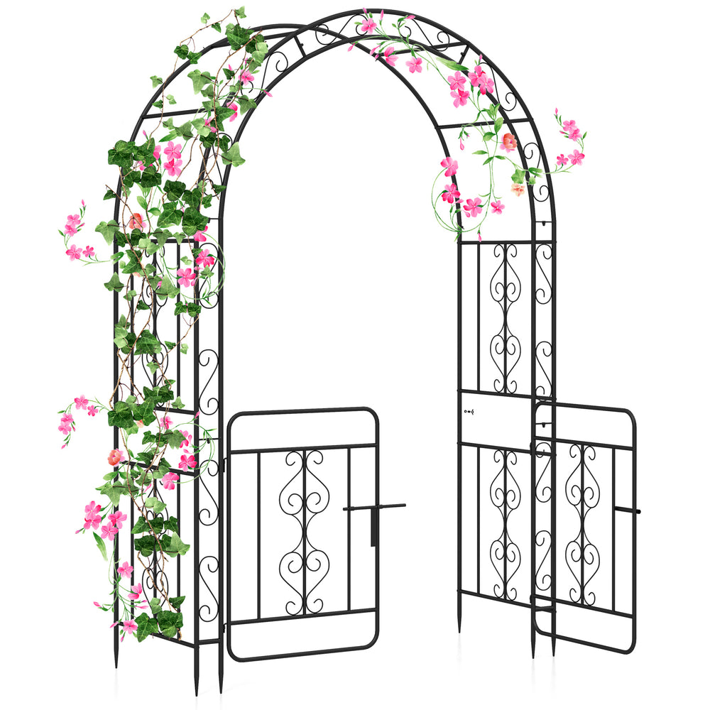 Garden arbor with gate in black, featuring elegant flower decoration and reinforced crossbars for stability and style.