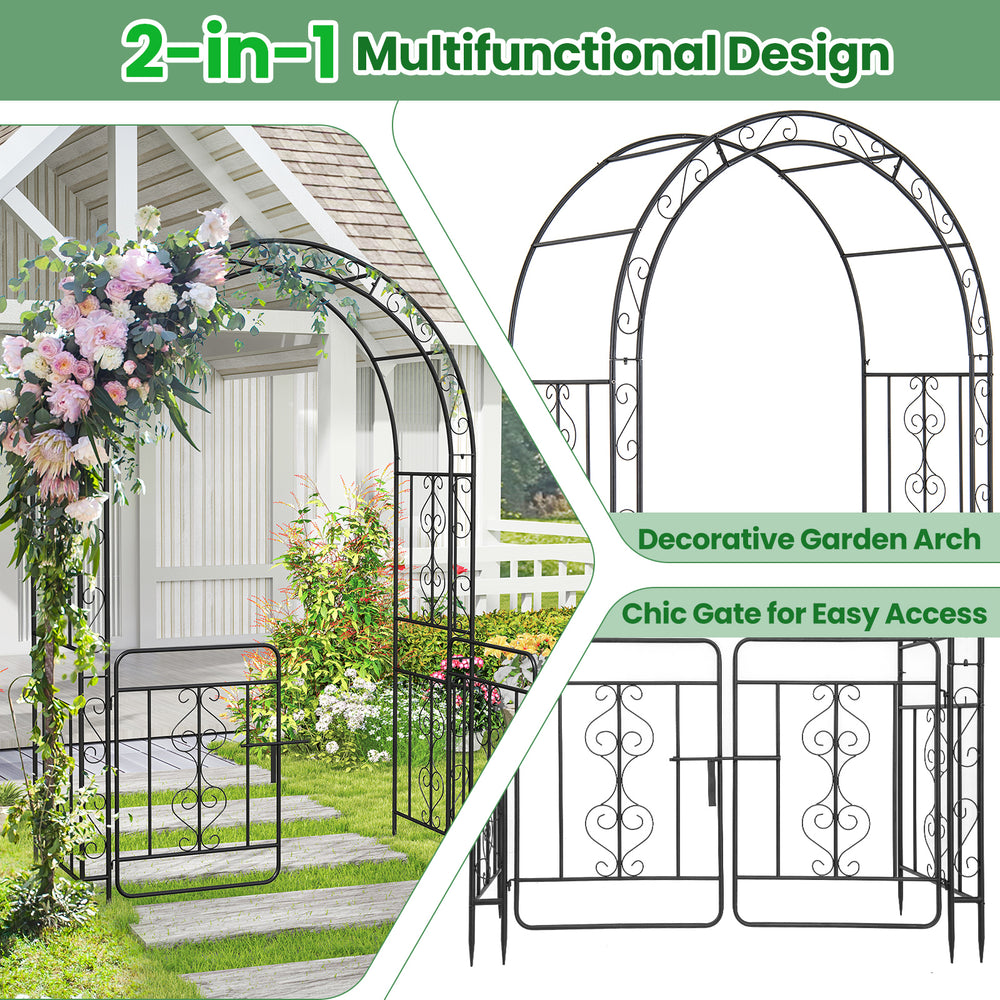 Garden arbor with gate in black, featuring elegant flower decorations and reinforced crossbars for stability in gardens.