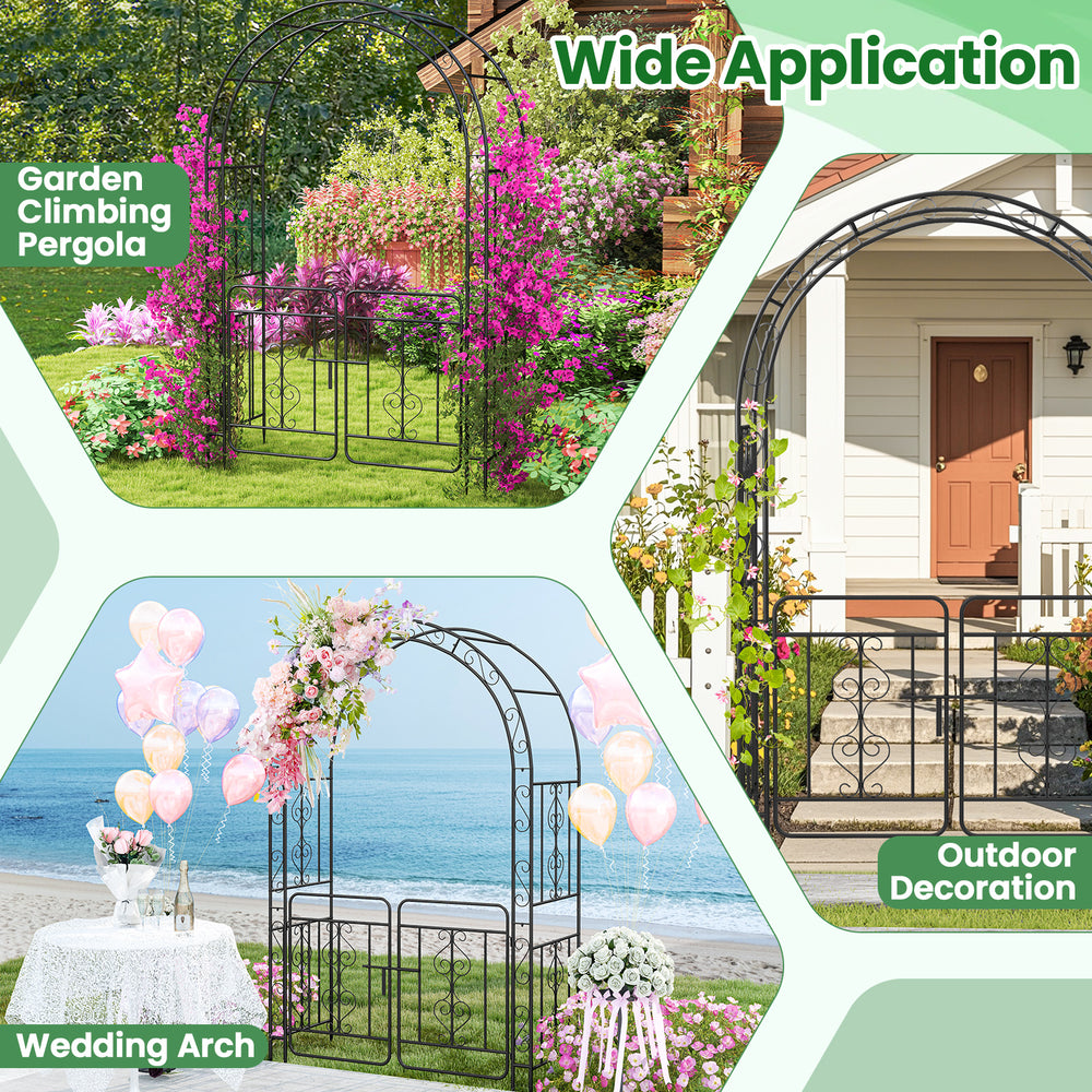 Garden arbor with gate in black, featuring crossbars and stakes, ideal for climbing plants and outdoor wedding.