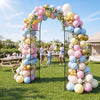 Heavy-duty metal garden arch with balloon decorations, perfect for climbing plants and backyard events.