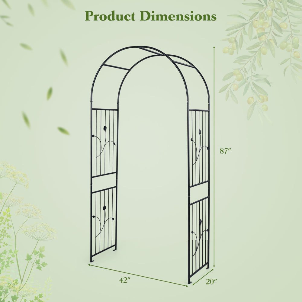 Garden arch trellis measuring 87 inches tall, made of heavy-duty powder-coated metal, ideal for climbing plants.