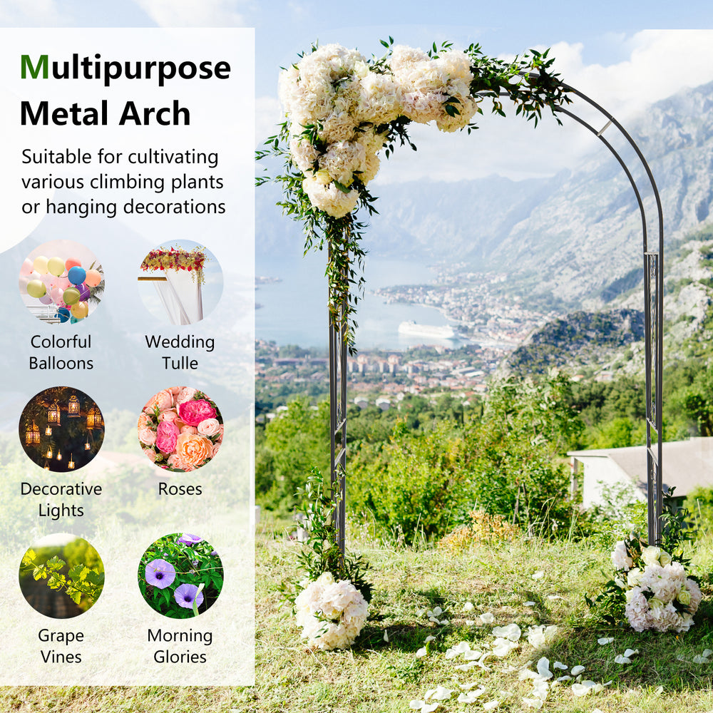 Black metal garden arch with floral decorations, ideal for climbing plants and outdoor events, featuring sturdy design.