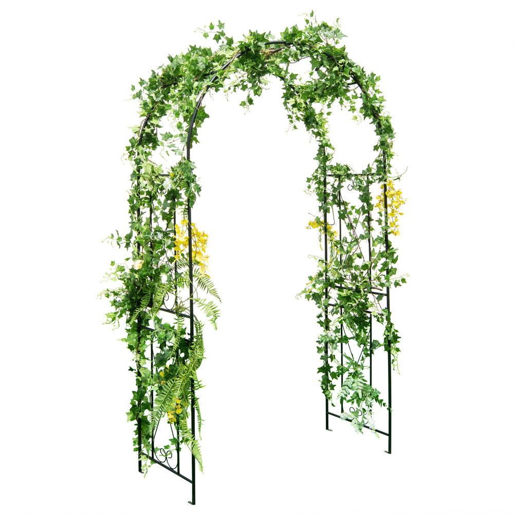 Garden arch trellis in black metal with climbing plants, designed for outdoor stability and decorative use.
