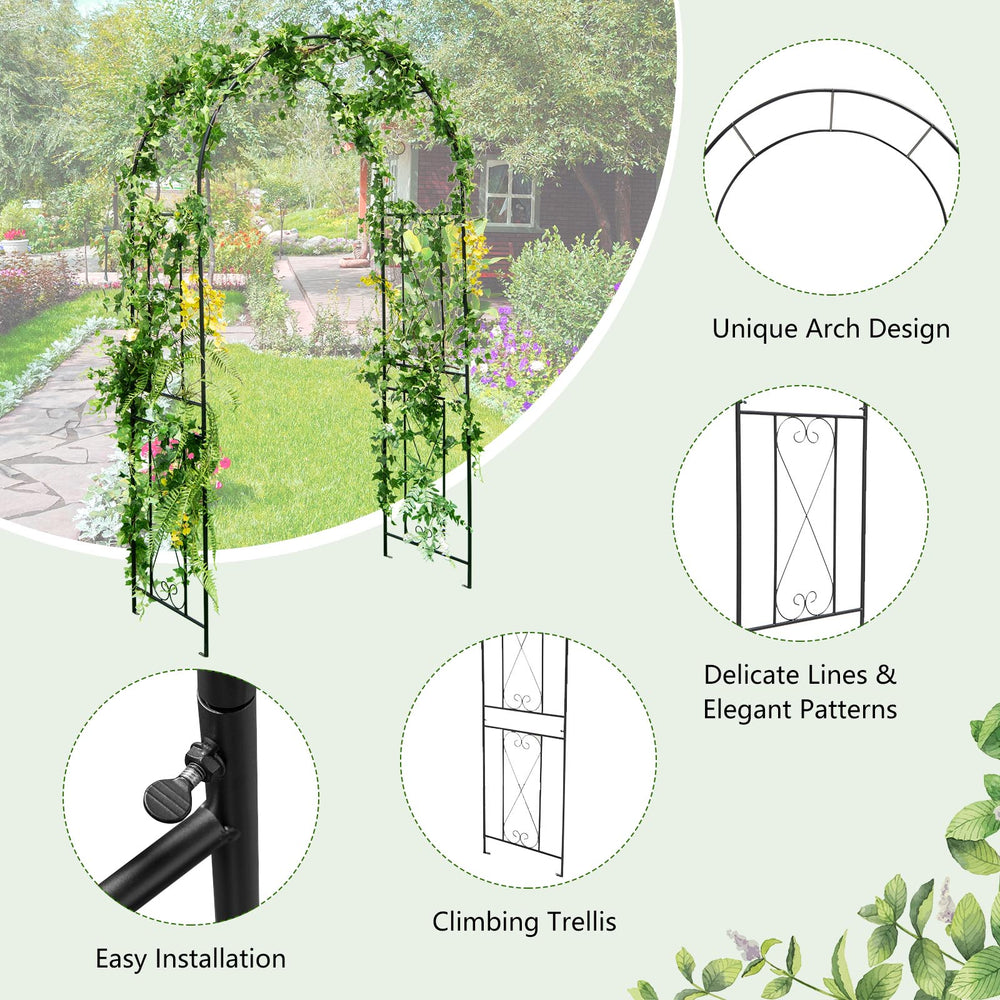 Black garden arch arbor trellis with climbing trellises, unique arch design, ideal for outdoor plant displays.