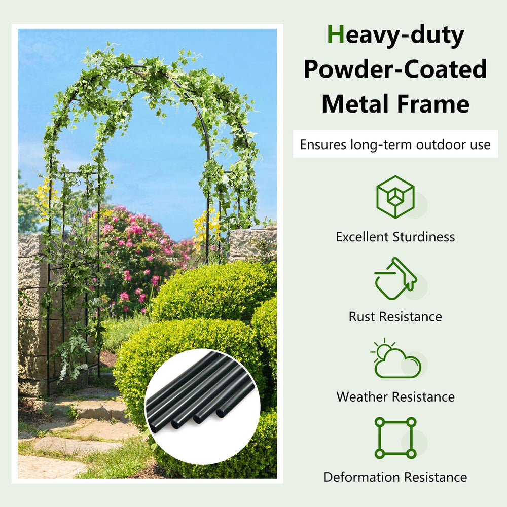 Black garden arch arbor trellis with heavy-duty metal frame, ideal for climbing plants and outdoor decorations.