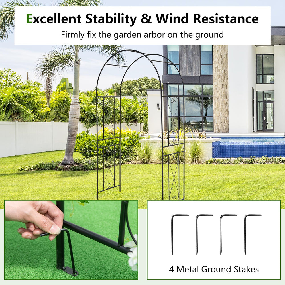 Black garden arch arbor trellis with 4 metal ground stakes for stability, perfect for climbing plants and outdoor decor.