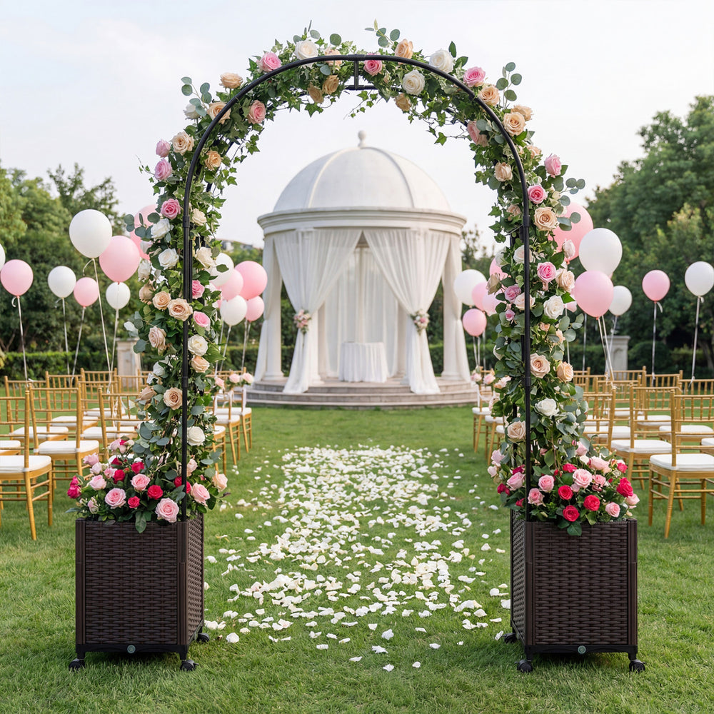 Garden arch trellis with self-watering planter boxes in black, perfect for outdoor parties and supporting climbing.