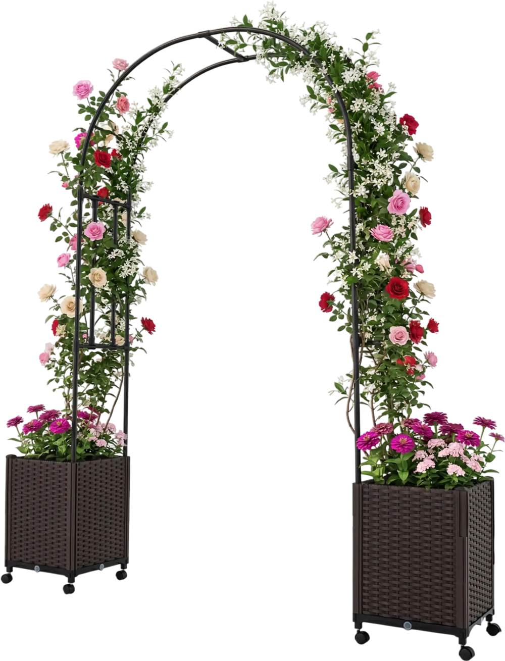 Garden arch trellis with two self-watering planter boxes in black, ideal for displaying climbing plants in outdoor.