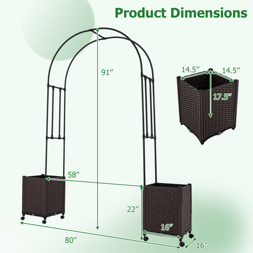 Garden arch trellis with two self-watering planter boxes, black, 91" tall, ideal for climbing plants in outdoor spaces.
