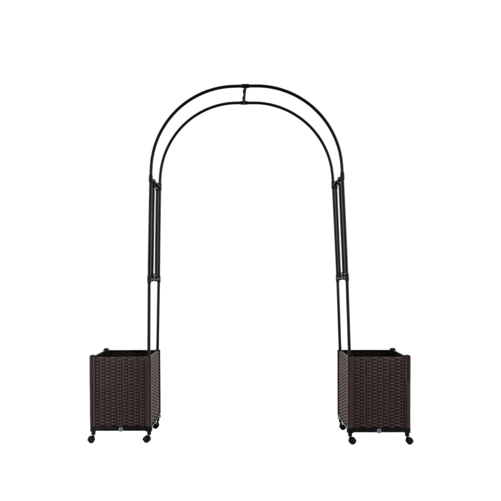 Garden arch trellis with two self-watering planter boxes in black, designed for climbing plants and easy mobility.