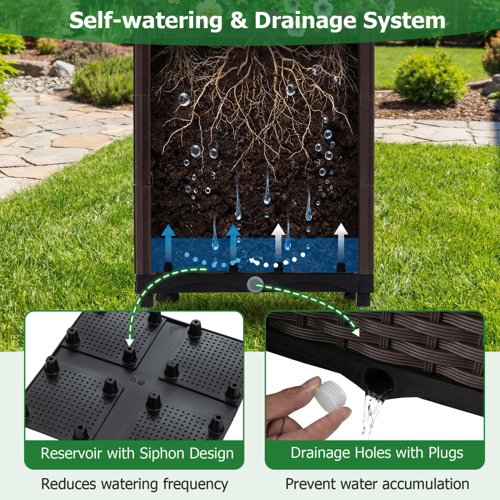 Self-watering planter box with drainage holes and siphon design, ideal for growing climbing plants in a garden arch.