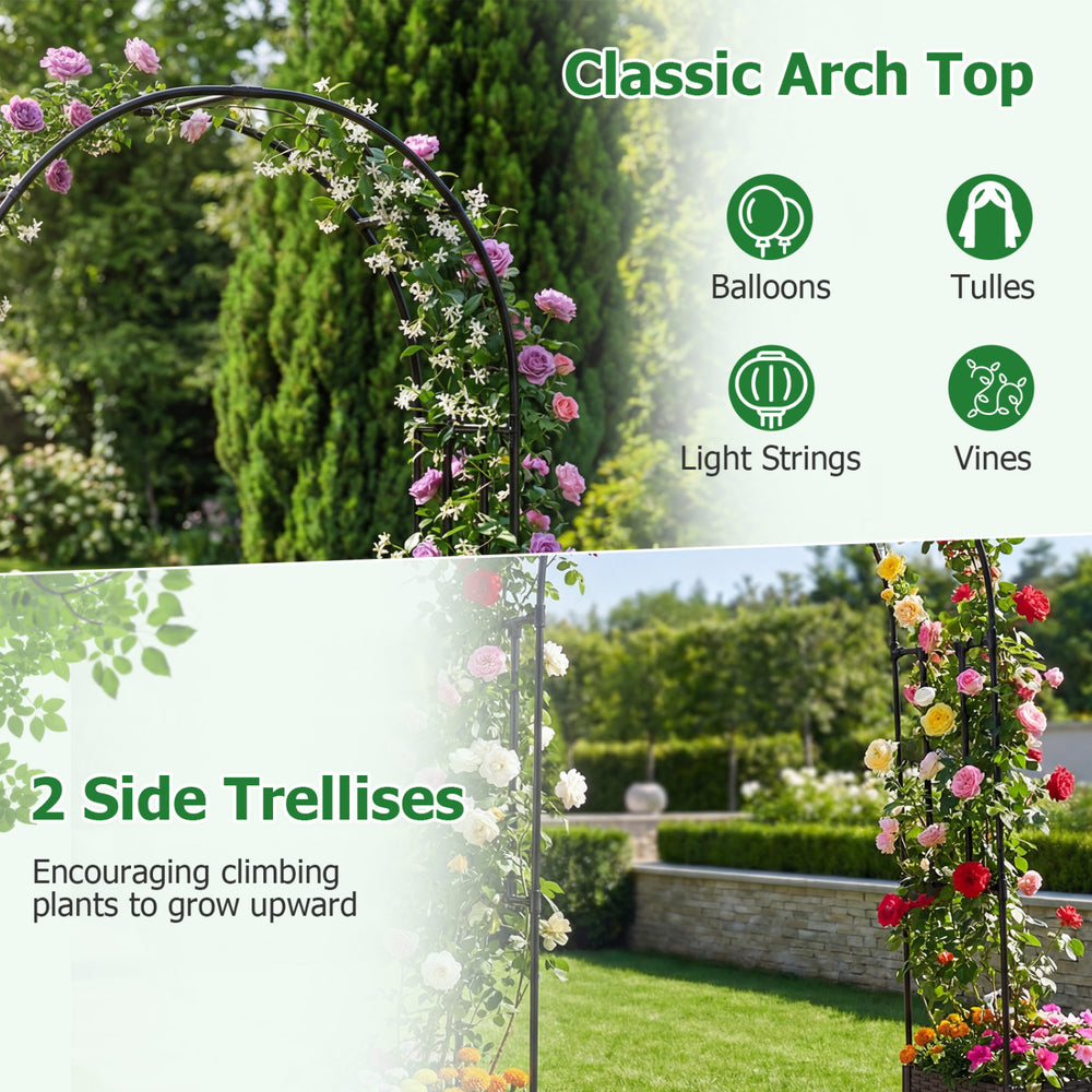 Garden arch trellis with 2 side trellises and planter boxes, ideal for climbing plants and outdoor party decorations.