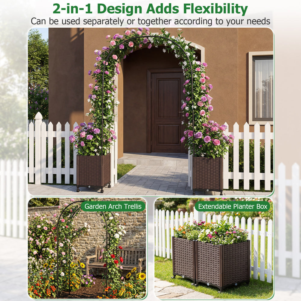 Garden arch trellis with two self-watering planter boxes in black, ideal for supporting climbing plants in your yard.