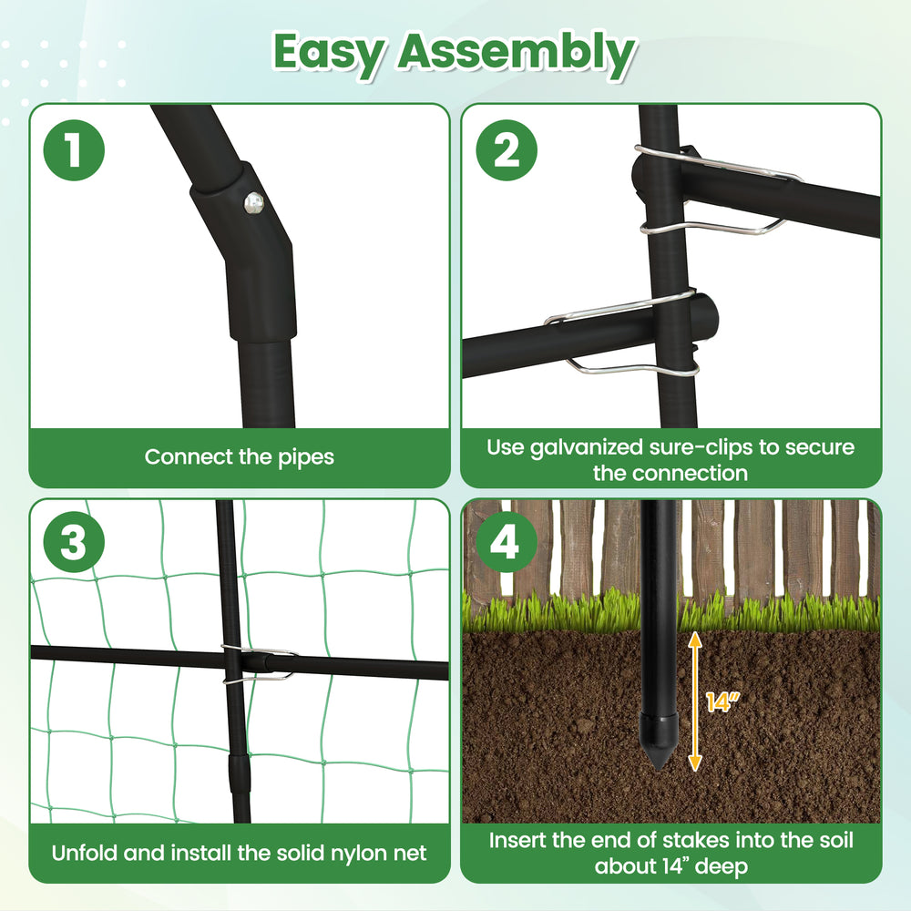 7.5 feet garden arch trellis with PE coated metal structure, featuring easy assembly and strong nylon net for climbing.