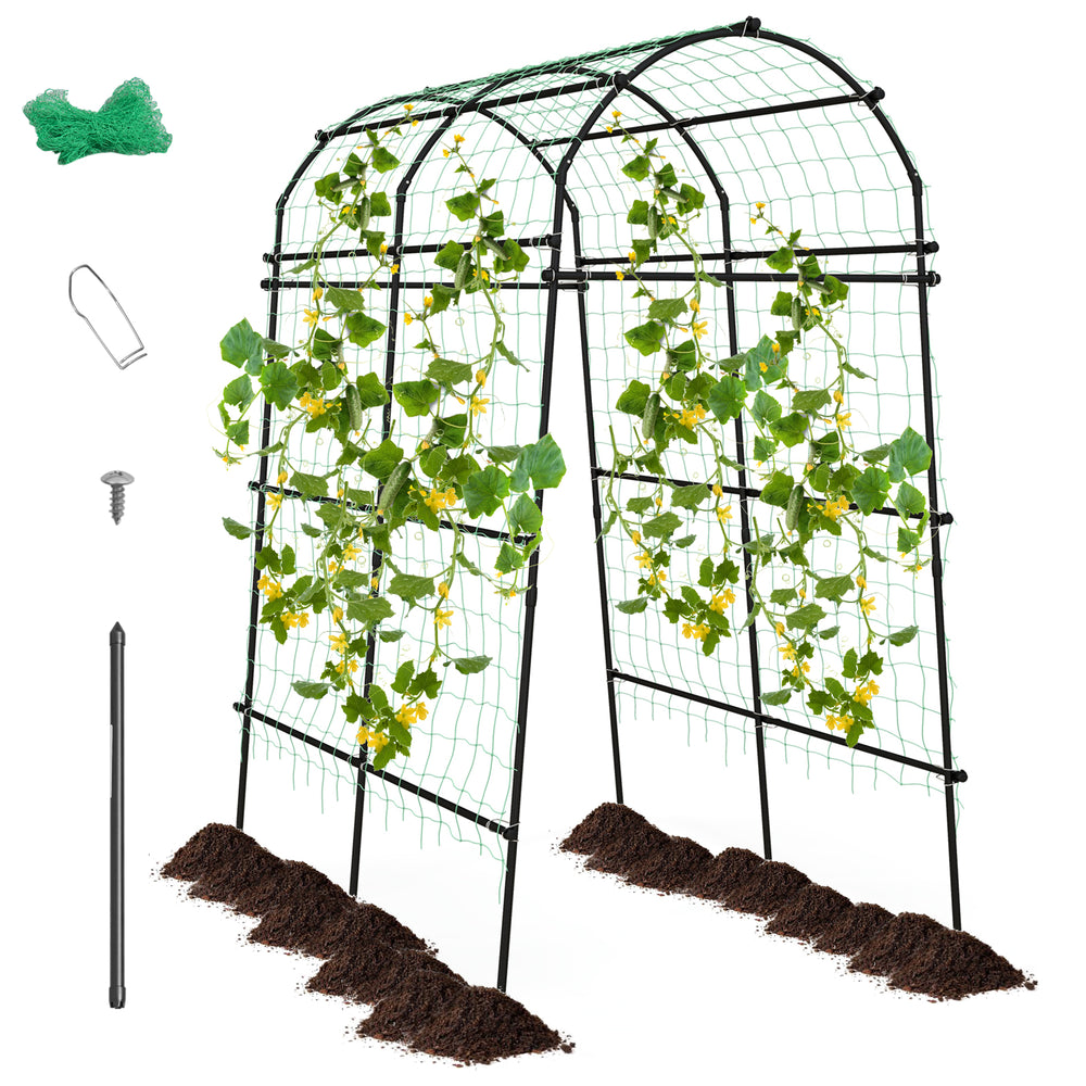 Large 7.5 feet garden arch trellis with PE coated metal structure, ideal for climbing plants, featuring anti-rust.