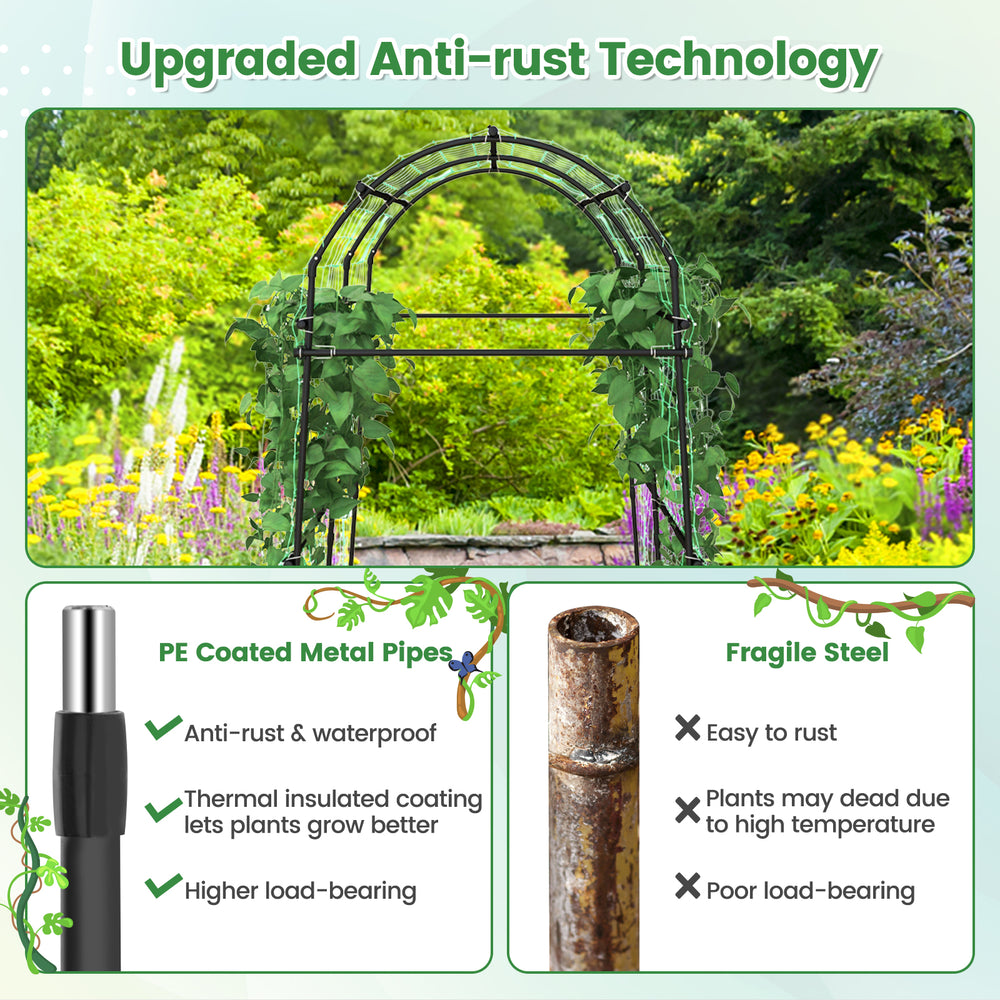 7.5 feet garden arch trellis with PE coated metal structure, featuring anti-rust technology for climbing plants.