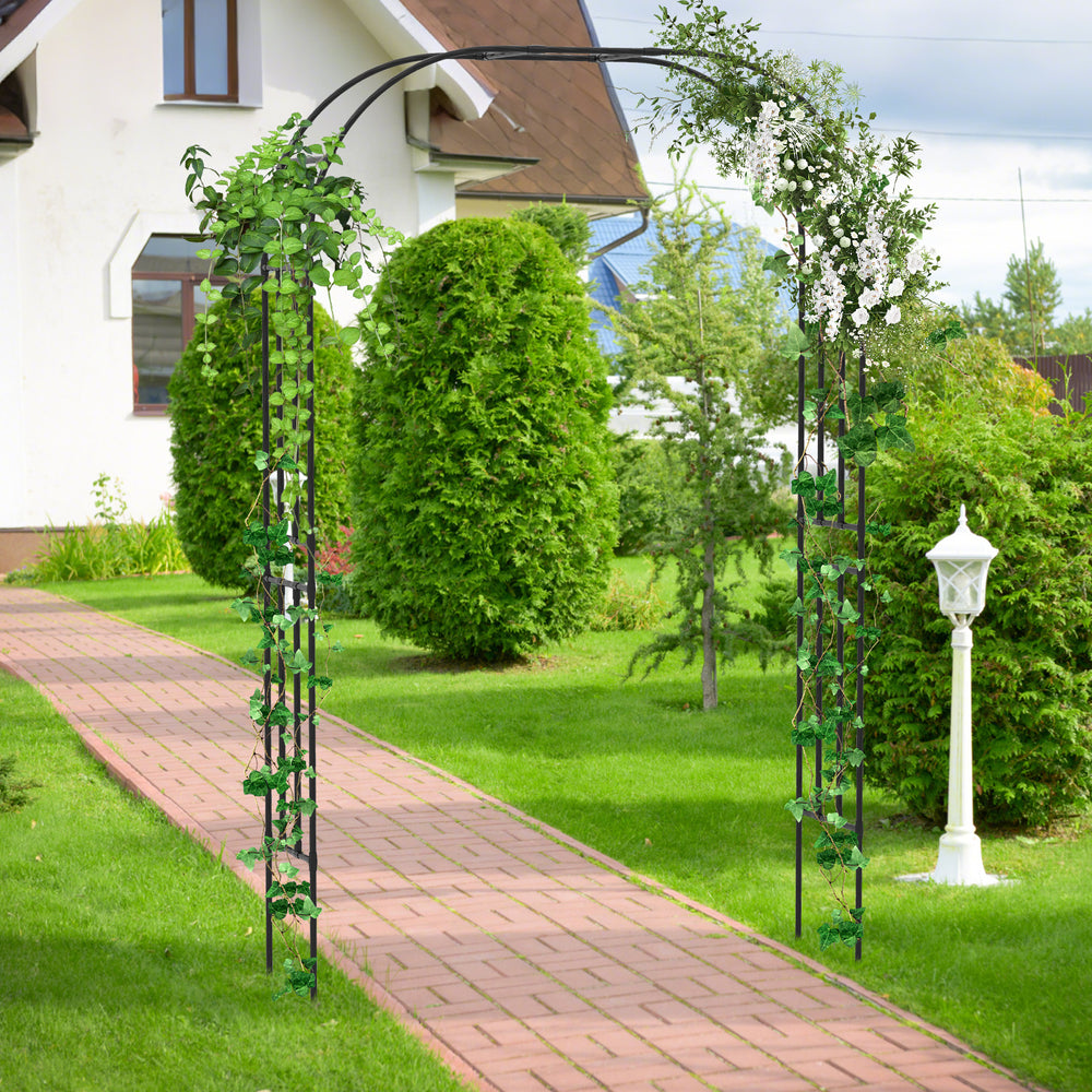 Outdoor metal garden arch trellis with climbing plants, PE-coated for weather resistance, ideal for garden entrances.