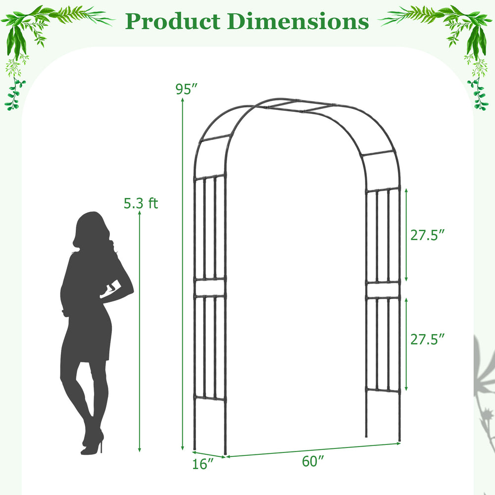 Outdoor metal garden arch trellis dimensions: 95" height, 60" width, ideal for climbing plants and garden decoration.