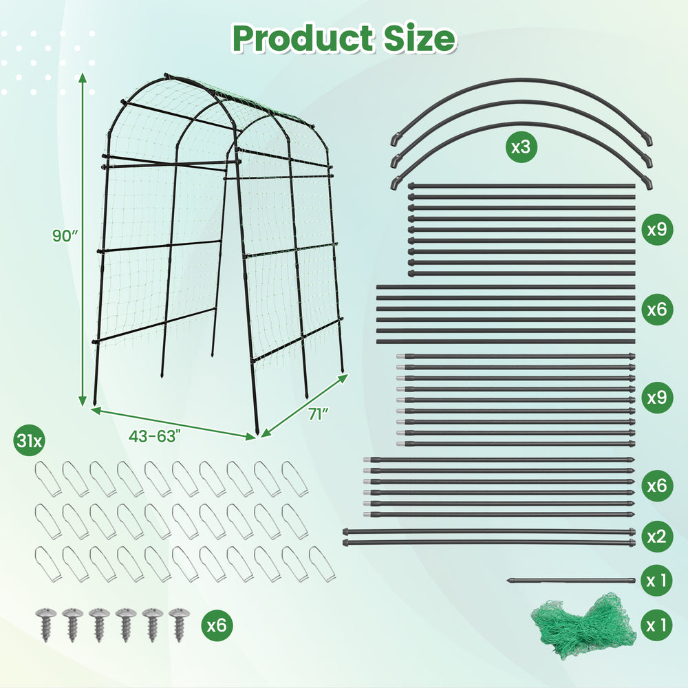 Garden arch trellis with PE coated metal structure, 7.5 feet tall, designed for climbing plants with easy assembly.