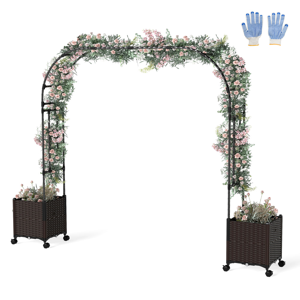 Garden arch trellis with faux woven rattan design, 2 planter boxes, and lockable wheels for easy mobility and planting.