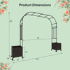Garden arch trellis with dimensions, featuring 2 planter boxes and lockable wheels for easy movement and stability.