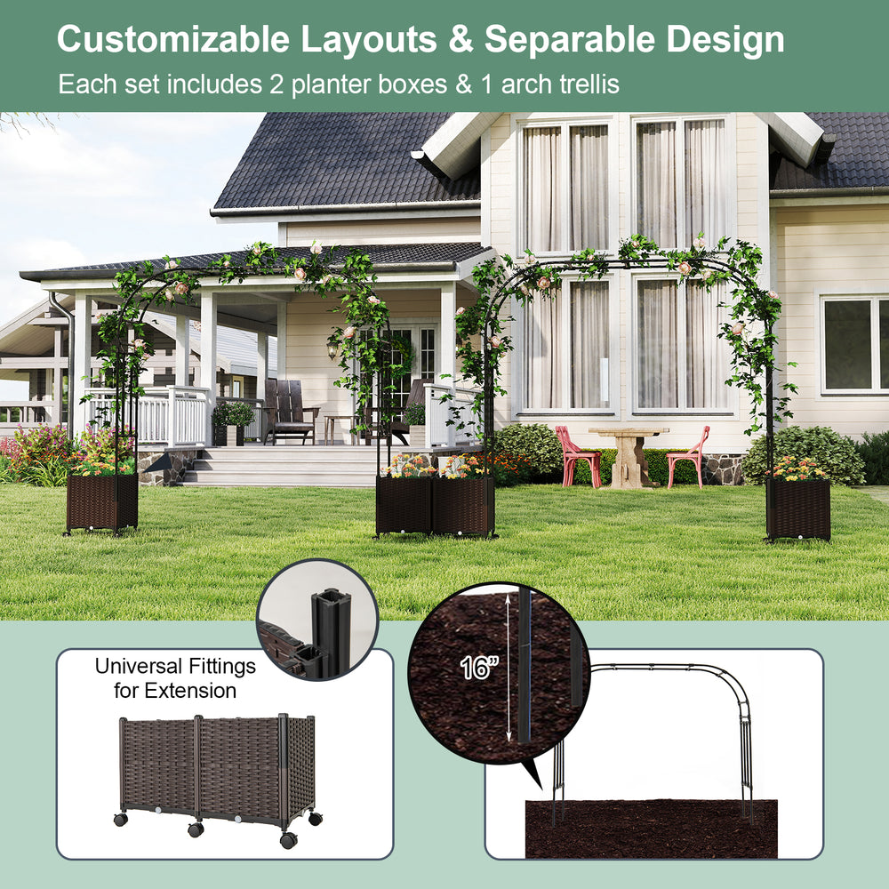 Garden arch trellis with 2 planter boxes in black, featuring a faux woven rattan design and lockable wheels for easy.