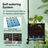 Self-watering planter box with drainage hole, featuring a siphon design and faux woven rattan for easy plant care.
