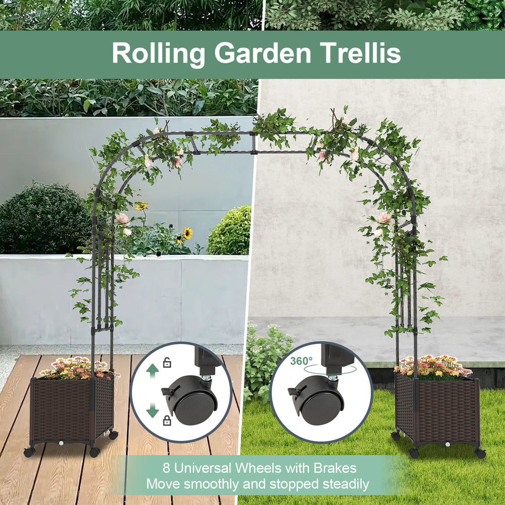 Garden arch trellis with two planter boxes, featuring lockable wheels for easy movement and faux woven rattan design.