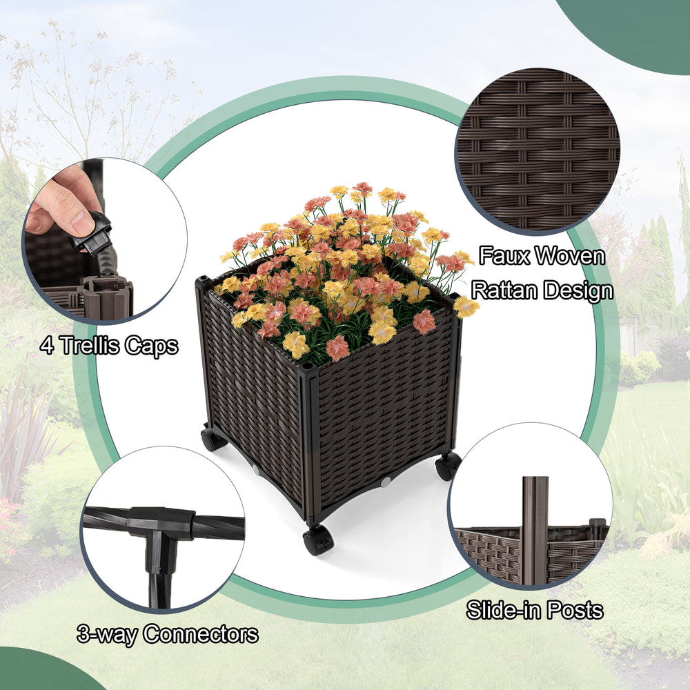 Faux woven rattan planter box with flowers, featuring 4 trellis caps and lockable wheels for easy mobility.
