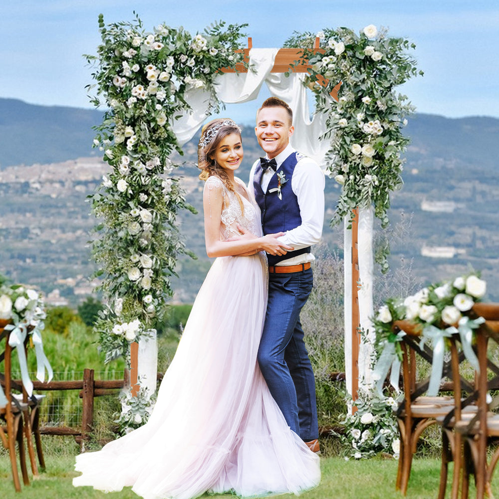 Wooden garden arch trellis, 7 feet tall, ideal for climbing plants and wedding decor, featuring elegant grid design.