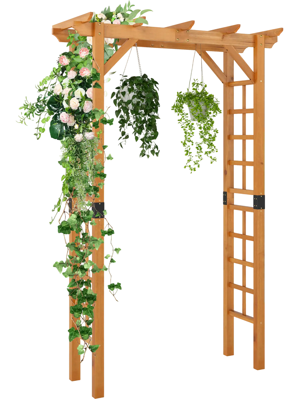 Wooden garden arch trellis for climbing plants, 7 feet tall, featuring a flat roof for hanging decorations and robust.