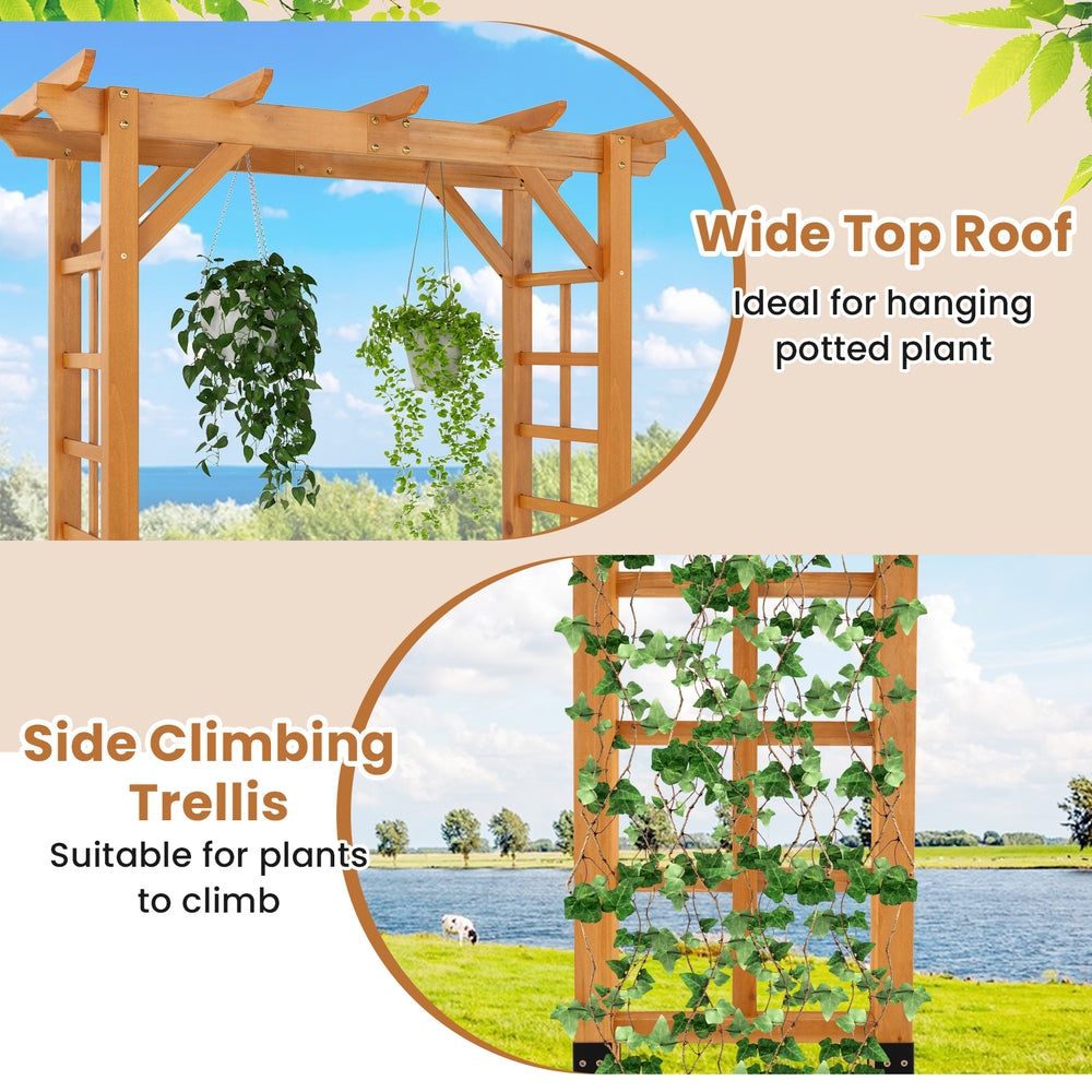 Wooden garden arch trellis with wide top roof for hanging plants and side climbing trellis, ideal for outdoor decor.