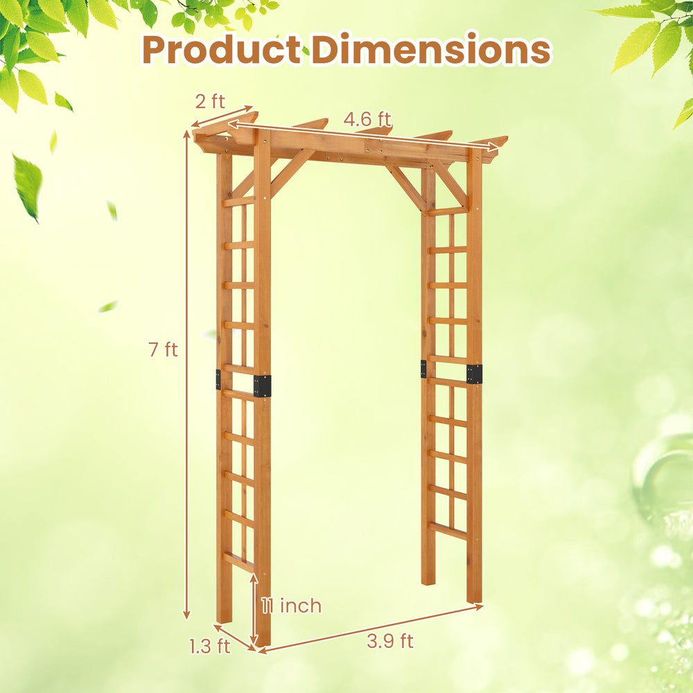 Wooden garden arch trellis measuring 7 feet, made of durable fir wood, ideal for climbing plants and outdoor decor.
