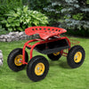 Red garden cart rolling work seat with tool tray, ergonomic design, and large rubber wheels for easy mobility in the.