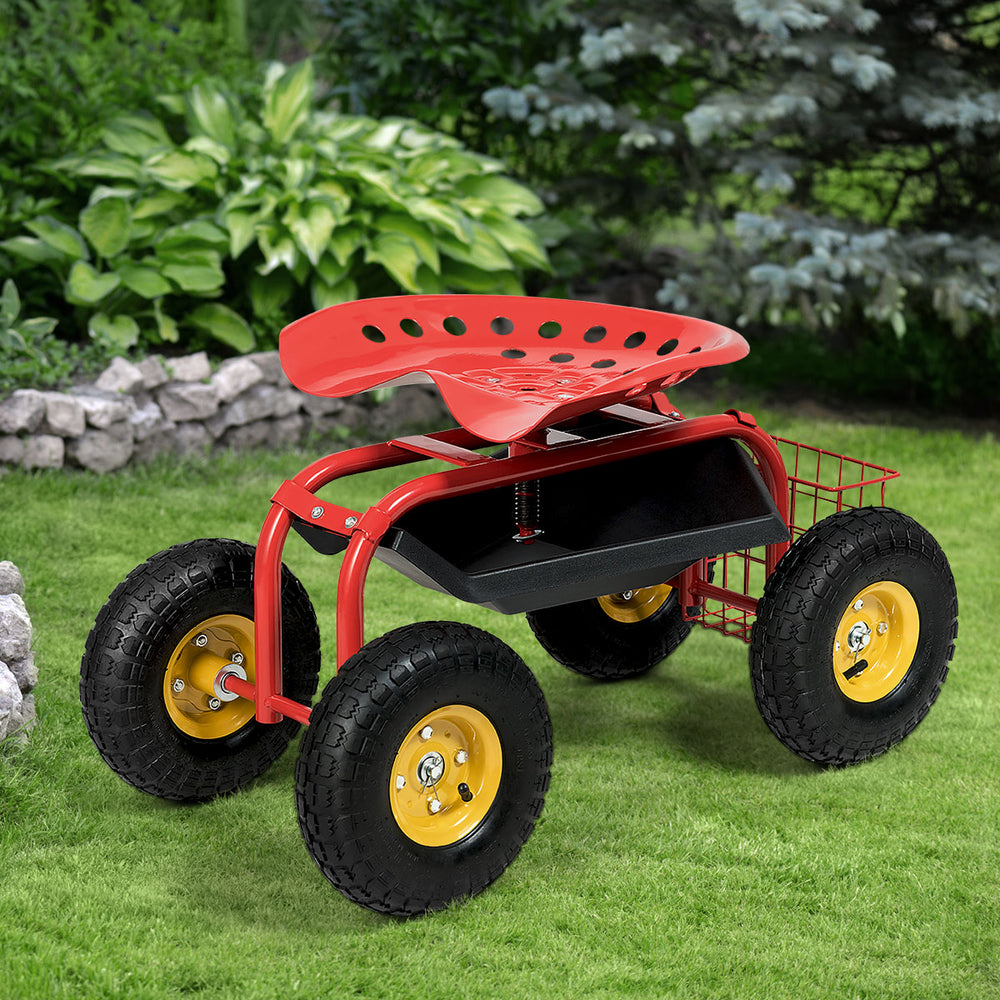 Red garden cart rolling work seat with tool tray, ergonomic design, and large rubber wheels for easy mobility in the.