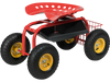 Red garden cart rolling work seat with heavy-duty tool tray, ergonomic design, and four large rubber wheels for.