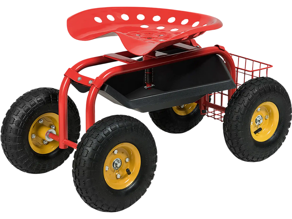 Red garden cart rolling work seat with heavy-duty tool tray, ergonomic design, and four large rubber wheels for.