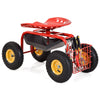 Red garden cart rolling work seat with heavy-duty tool tray, ergonomic design, and four large inflatable rubber tires.