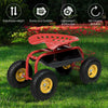 Red garden cart rolling work seat with adjustable height, sturdy frame, and tool tray, perfect for gardening tasks.