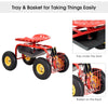 Red garden cart with heavy-duty tool tray and back basket, featuring ergonomic seat and four large rubber wheels.