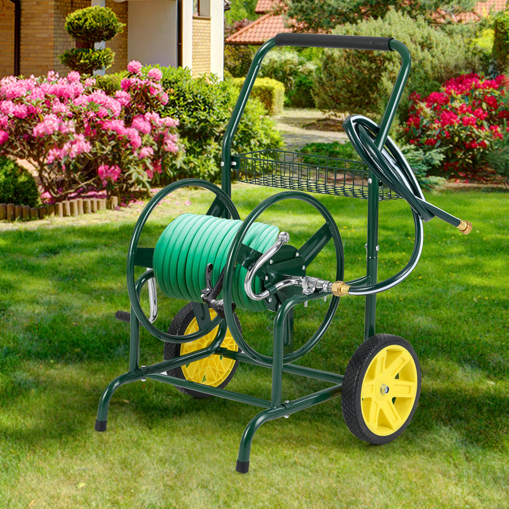 Garden Hose Reel Cart with 2 Wheels and Storage Basket-Green - Gallery View 1 of 10