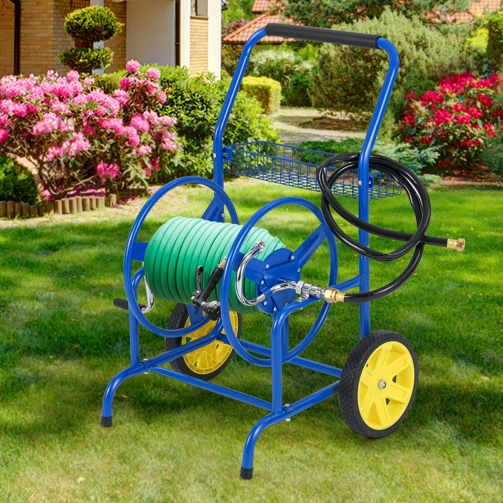 Garden Hose Reel Cart with 2 Wheels and Storage Basket-Blue - Gallery View 1 of 10
