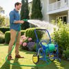 Garden hose reel cart in blue with two wheels, holding a hose, ideal for watering plants and yard maintenance.