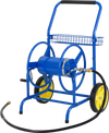 Garden hose reel cart in blue with two wheels, storage basket, and foam-padded handrail for easy maneuvering.