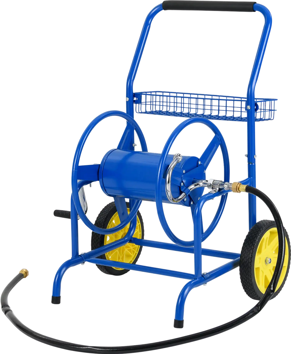 Garden hose reel cart in blue with two wheels, storage basket, and foam-padded handrail for easy maneuvering.