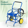 Garden hose reel cart in blue with two wheels, storage basket, and dimensions of 30" x 22" x 36" for easy.