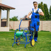 Blue garden hose reel cart with two wheels, featuring a foam-padded handrail for comfortable maneuvering in the yard.