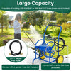 Garden hose reel cart in blue with large wheels, holding 230 ft hose, includes 6 ft water inlet hose for easy gardening.